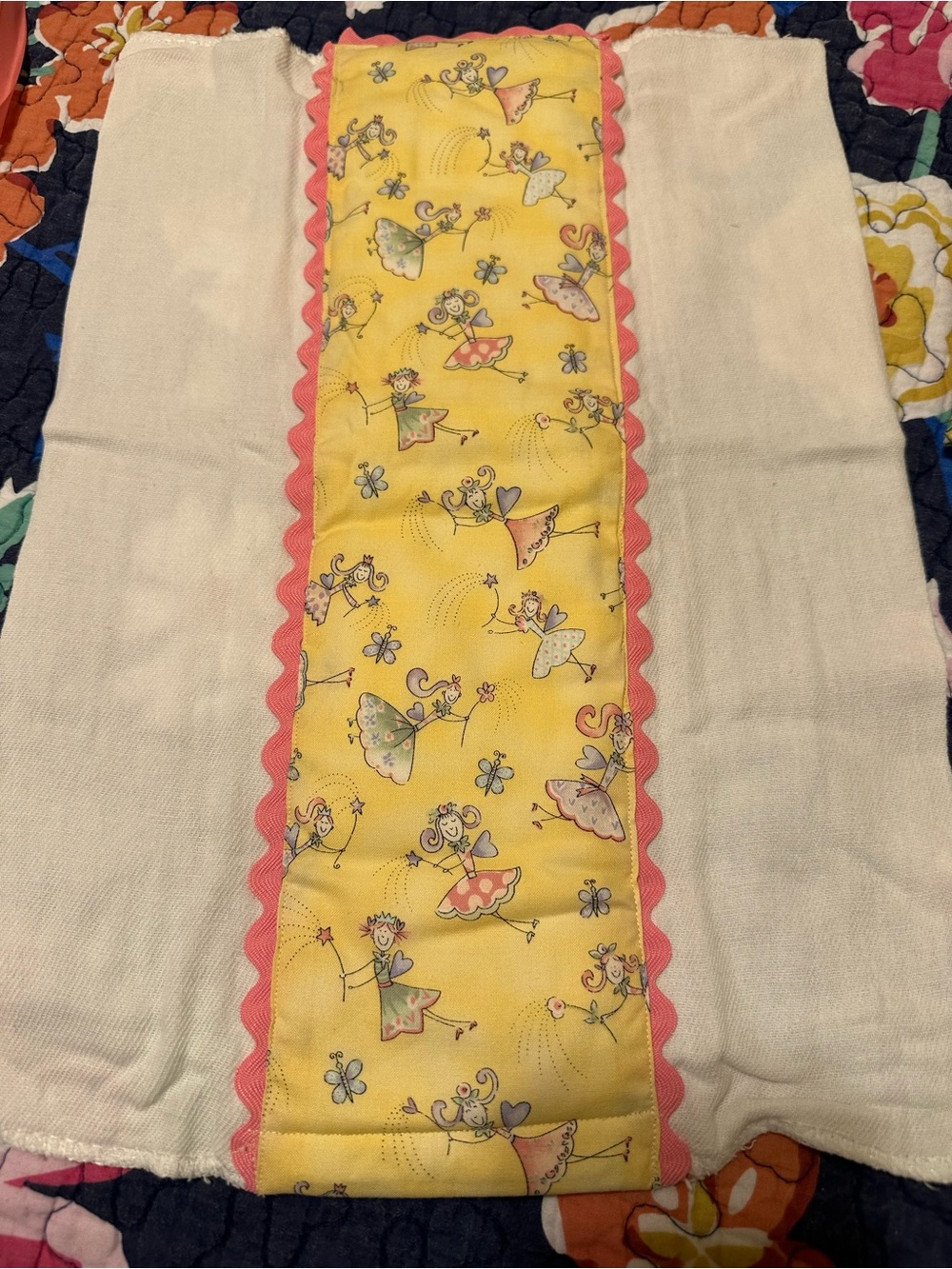 Handmade Cotton Burp Cloth with Pink Trim and yellow fairy panel